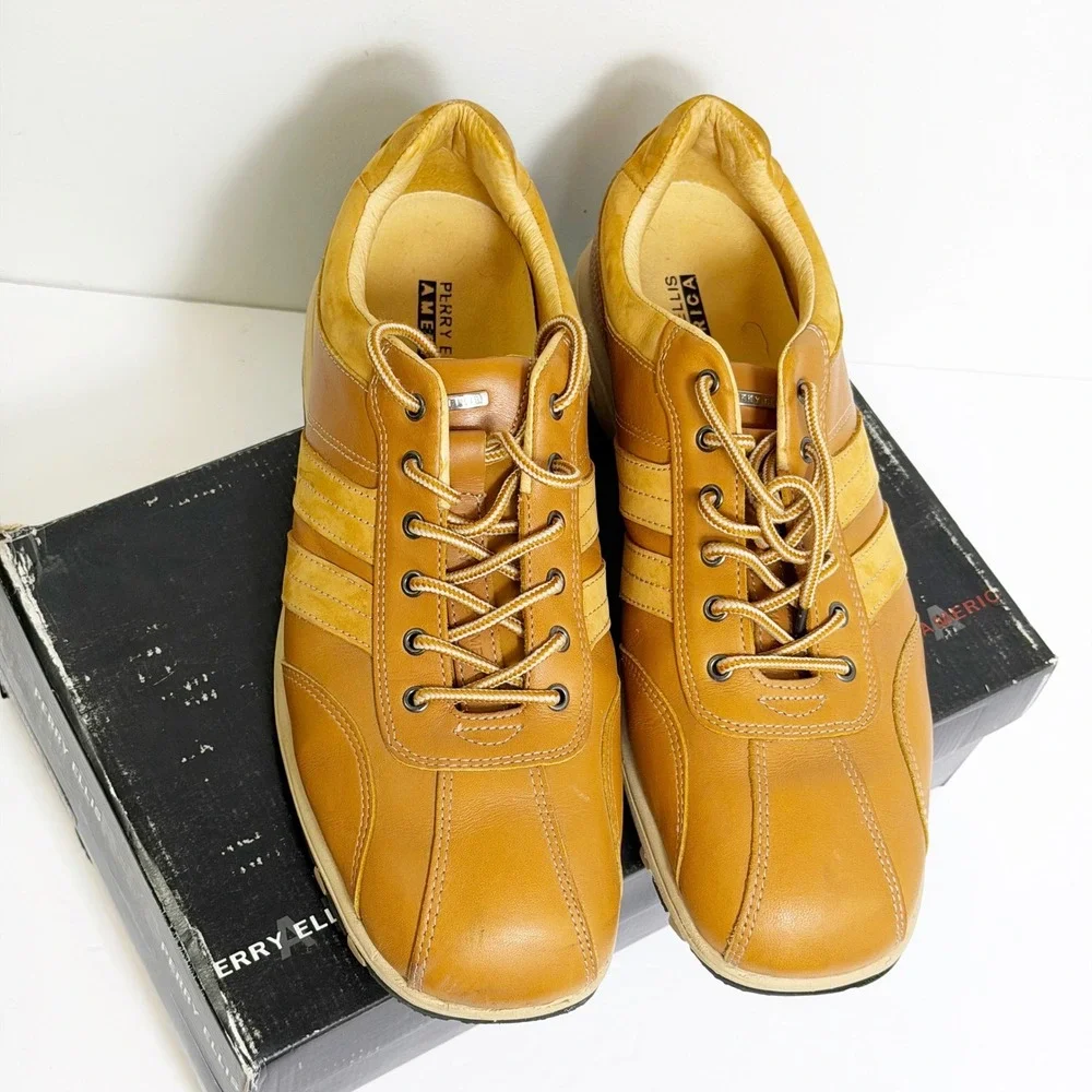 Perry Ellis Zoom Sneakers Mens 13 Mustard Leather Low Top Casual Shoes 172033
